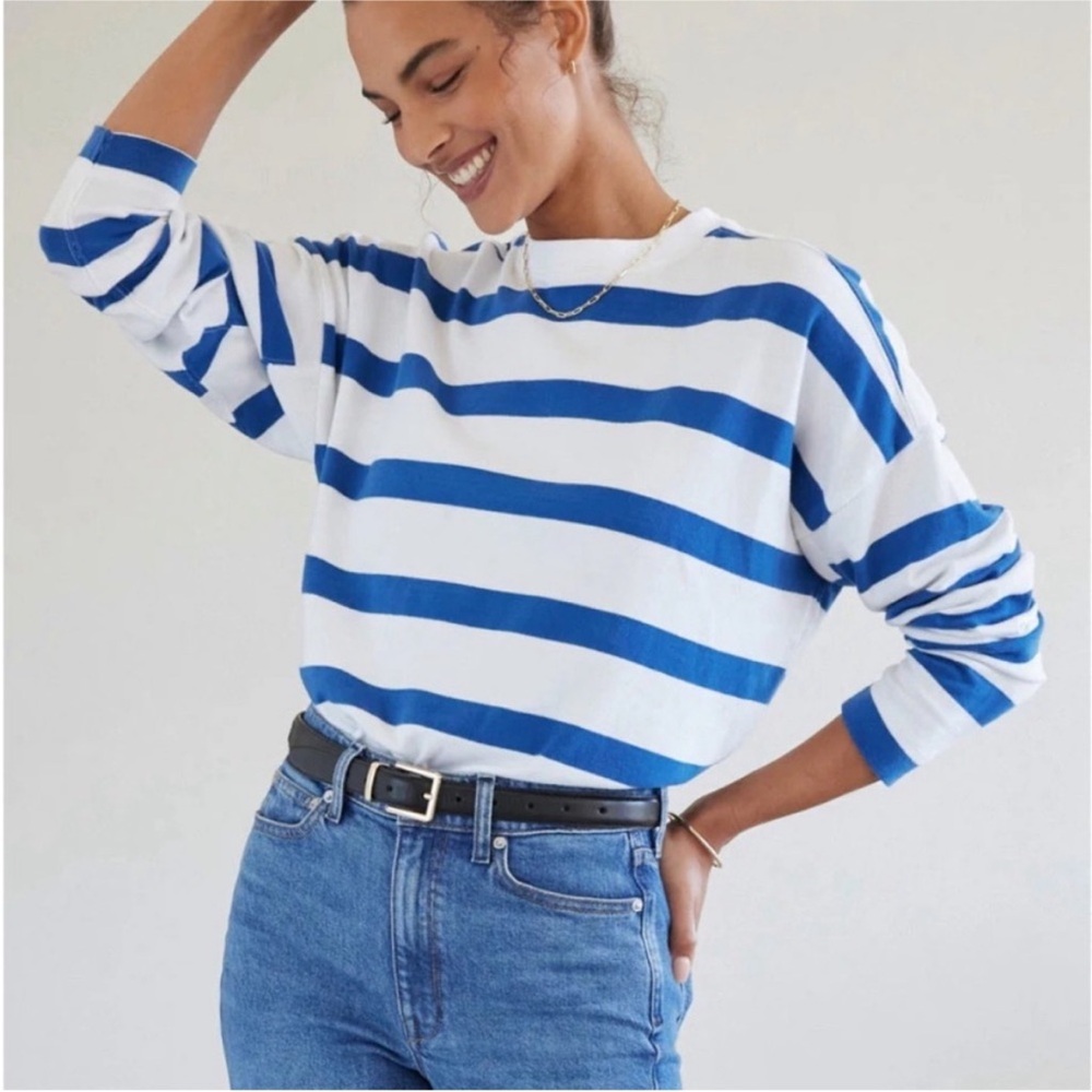 AYR the early mornings tee blue and white stripe long sleeve